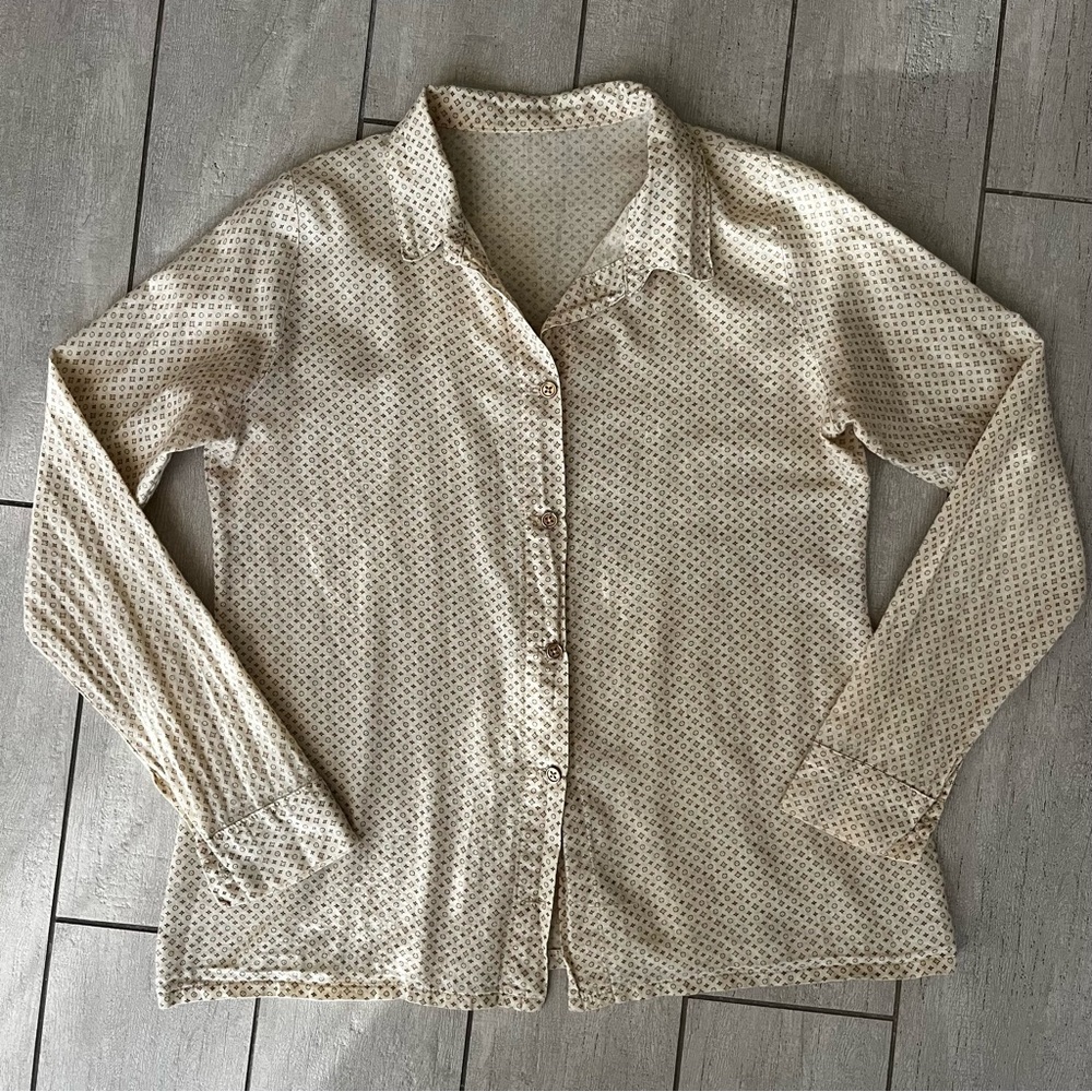 Y2K Womens Button Down Monogram All Over Print Blouse Shirt M/L Cream 90s Sheer